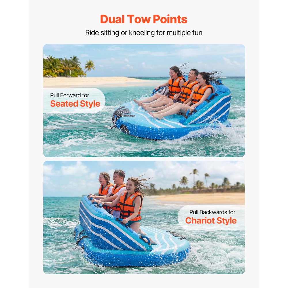 VEVOR Towable Tubes for Boating, 3-Rider Inflatable Towable Tube for Boat to Pull, 510 lbs Capacity Water Sports Boating Tubes - with Full Nylon Cover, Dual Tow Points, Safety Valve & Padded Handles