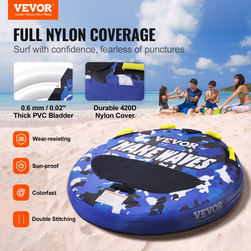 VEVOR Towable Tube for Boating, 340 lbs, 1-2 Riders Inflatable Boat Tubes and Towables, 51.8" Round Water Sport Towable Tube for Boat to Pull, Full Nylon Cover, EVA Grab Handles and Speed Safety Valve