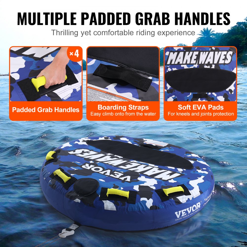 VEVOR Towable Tube for Boating, 340 lbs, 1-2 Riders Inflatable Boat Tubes and Towables, 51.8" Round Water Sport Towable Tube for Boat to Pull, Full Nylon Cover, EVA Grab Handles and Speed Safety Valve