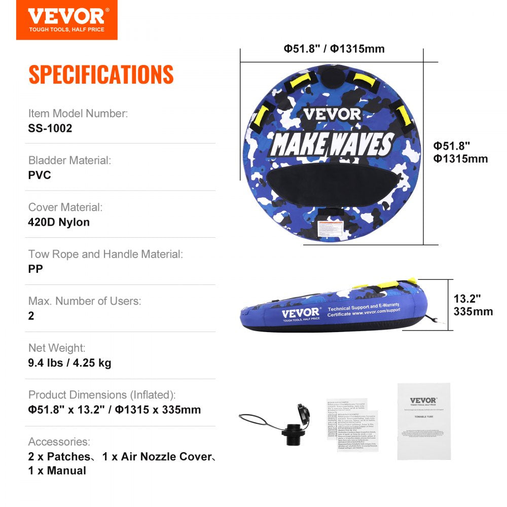 VEVOR Towable Tube for Boating, 340 lbs, 1-2 Riders Inflatable Boat Tubes and Towables, 51.8" Round Water Sport Towable Tube for Boat to Pull, Full Nylon Cover, EVA Grab Handles and Speed Safety Valve