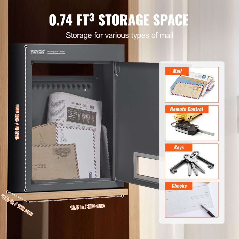 VEVOR Through The Wall Drop Box, Heavy Duty Steel Through The Wall Mailbox with 2.8-7.9" 13" Combination Lock, 12.5x6.3x16.9 Mail Drop Box, Dark Gray