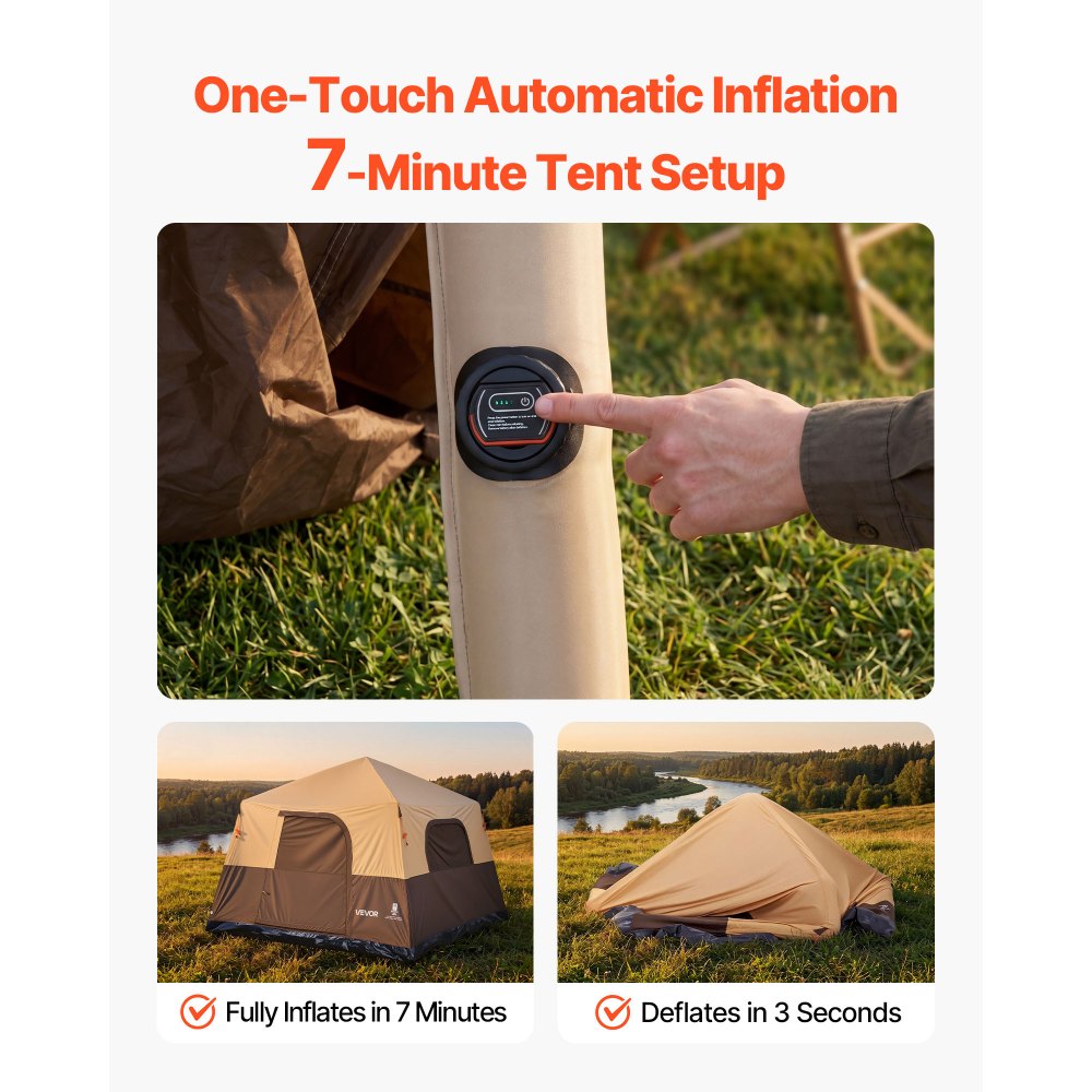 VEVOR Camping Tent, 6 Person Inflatable Cabin Tent with Rechargeable Pump, TPU Air Tube & 4 Large Mesh Windows, Portable Easy Setup Waterproof with Carry Bag for Family Outdoor Camping & Hiking, Beige