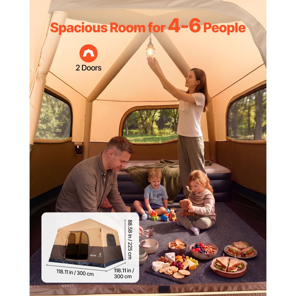 VEVOR Camping Tent, 6 Person Inflatable Cabin Tent with Rechargeable Pump, TPU Air Tube & 4 Large Mesh Windows, Portable Easy Setup Waterproof with Carry Bag for Family Outdoor Camping & Hiking, Beige