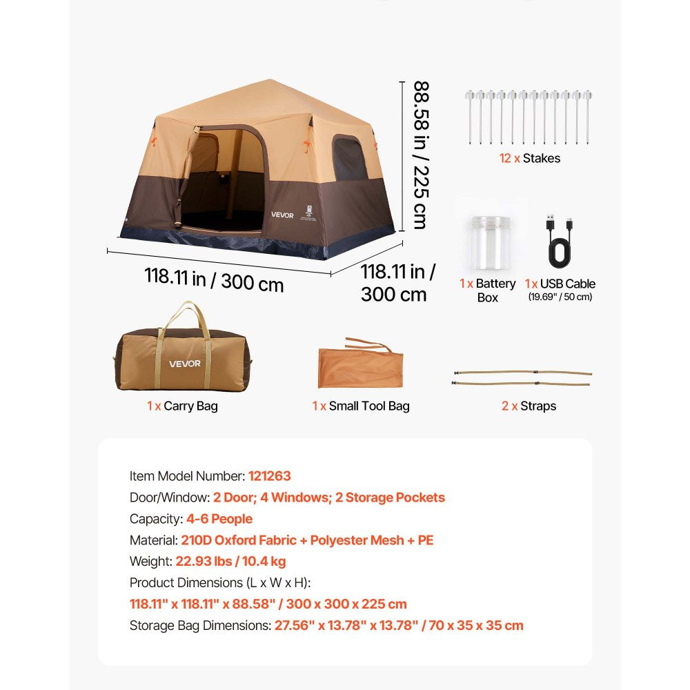 VEVOR Camping Tent, 6 Person Inflatable Cabin Tent with Rechargeable Pump, TPU Air Tube & 4 Large Mesh Windows, Portable Easy Setup Waterproof with Carry Bag for Family Outdoor Camping & Hiking, Beige