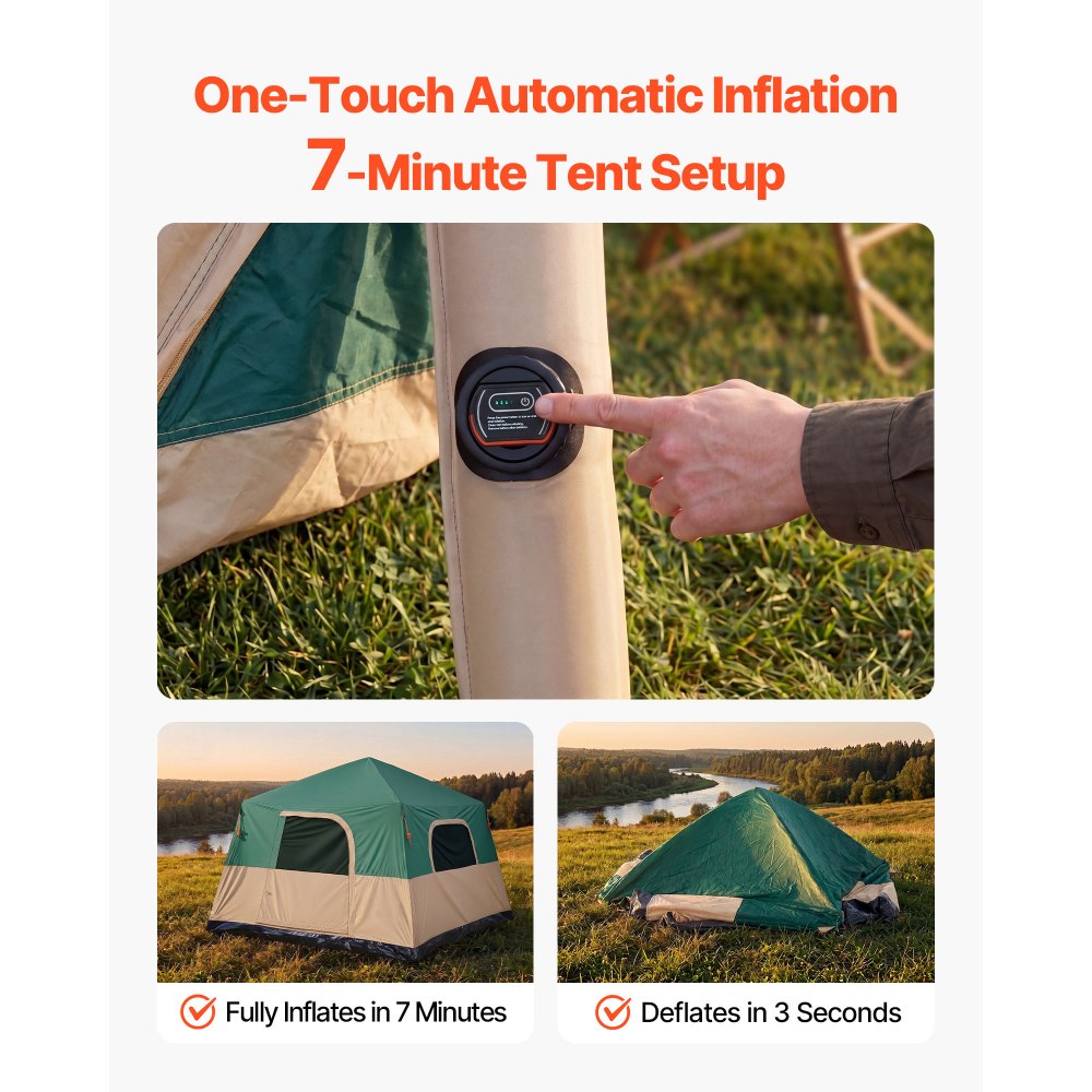 VEVOR Camping Tent, 6 Person Inflatable Cabin Tent with Rechargeable Pump, TPU Air Tube & 4 Large Mesh Windows, Portable Easy Setup Waterproof with Carry Bag for Family Outdoor Camping & Hiking, Green