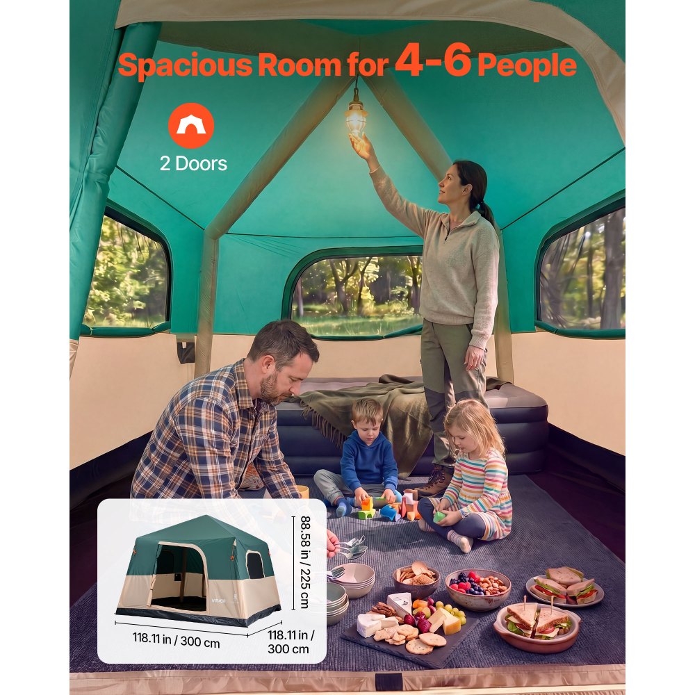 VEVOR Camping Tent, 6 Person Inflatable Cabin Tent with Rechargeable Pump, TPU Air Tube & 4 Large Mesh Windows, Portable Easy Setup Waterproof with Carry Bag for Family Outdoor Camping & Hiking, Green