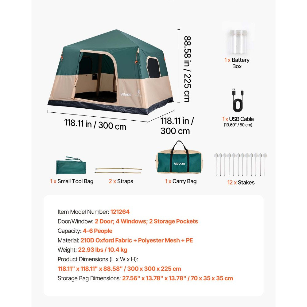 VEVOR Camping Tent, 6 Person Inflatable Cabin Tent with Rechargeable Pump, TPU Air Tube & 4 Large Mesh Windows, Portable Easy Setup Waterproof with Carry Bag for Family Outdoor Camping & Hiking, Green