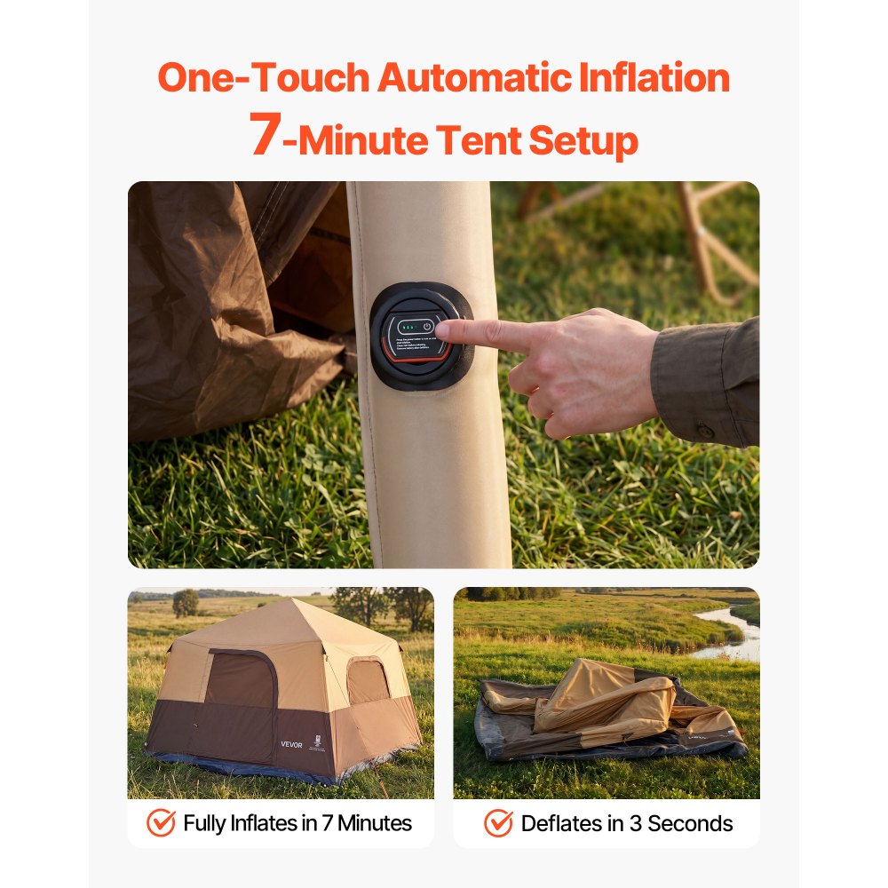 VEVOR Camping Tent, 8 Person Inflatable Cabin Tent with Rechargeable Pump, TPU Air Tube & 4 Large Mesh Windows, Portable Easy Setup Waterproof with Carry Bag for Family Outdoor Camping & Hiking, Beige