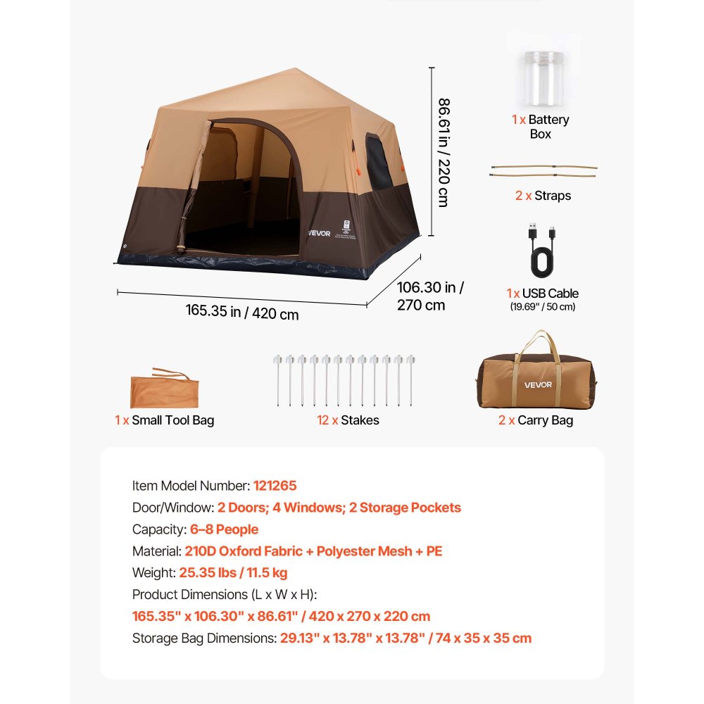 VEVOR Camping Tent, 8 Person Inflatable Cabin Tent with Rechargeable Pump, TPU Air Tube & 4 Large Mesh Windows, Portable Easy Setup Waterproof with Carry Bag for Family Outdoor Camping & Hiking, Beige