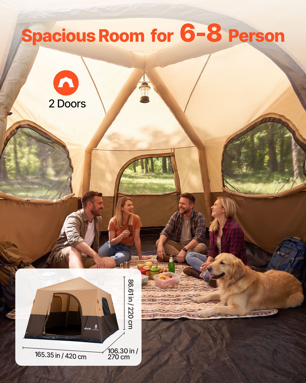 VEVOR Camping Tent, 8 Person Inflatable Cabin Tent with Rechargeable Pump, TPU Air Tube & 4 Large Mesh Windows, Portable Easy Setup Waterproof with Carry Bag for Family Outdoor Camping & Hiking, Beige