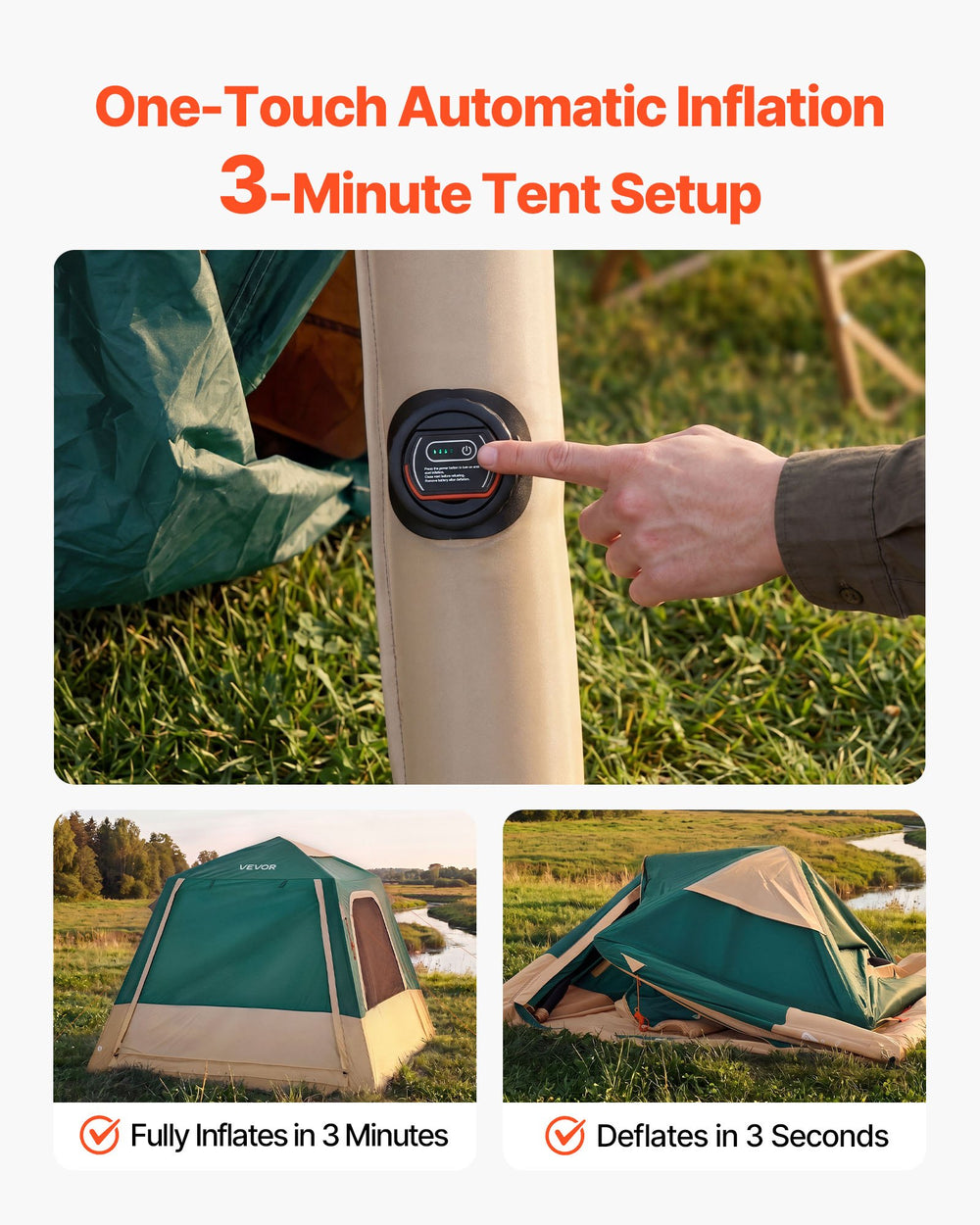 VEVOR Camping Tent, 4 Person Inflatable Cabin Tent with Rechargeable Pump, TPU Air Tube & 5 Large Mesh Windows, Portable Easy Setup Waterproof with Carry Bag for Family Outdoor Camping & Hiking, Green