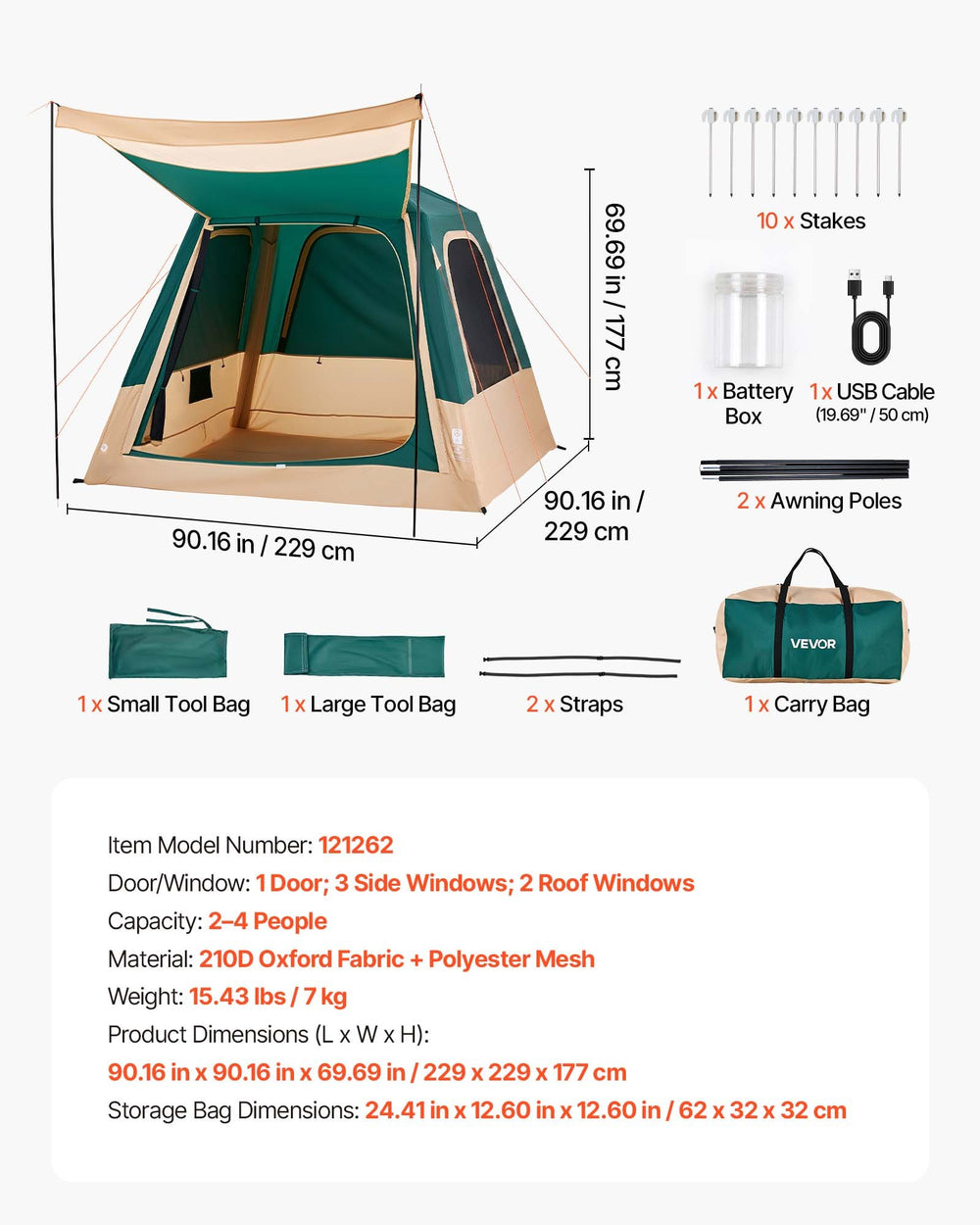 VEVOR Camping Tent, 4 Person Inflatable Cabin Tent with Rechargeable Pump, TPU Air Tube & 5 Large Mesh Windows, Portable Easy Setup Waterproof with Carry Bag for Family Outdoor Camping & Hiking, Green
