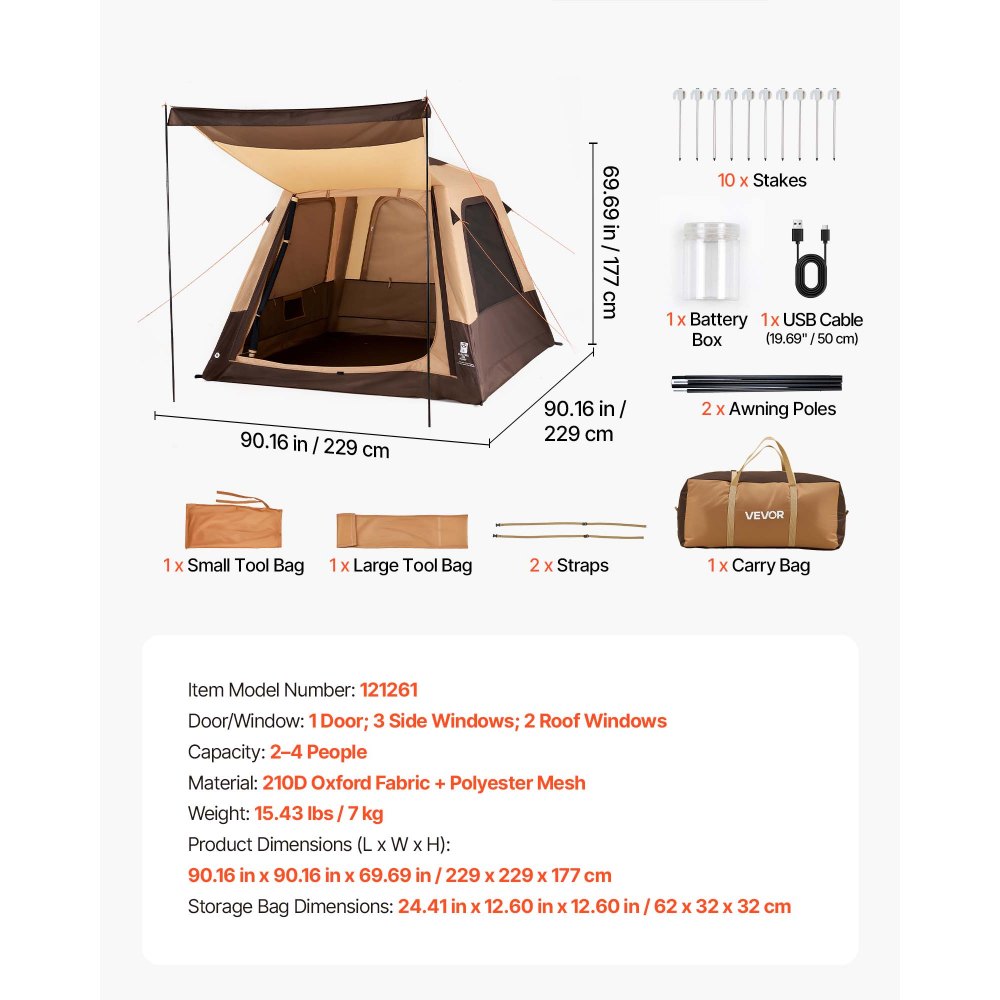VEVOR Camping Tent, 4 Person Inflatable Cabin Tent with Rechargeable Pump, TPU Air Tube & 5 Large Mesh Windows, Portable Easy Setup Waterproof with Carry Bag for Family Outdoor Camping & Hiking, Beige