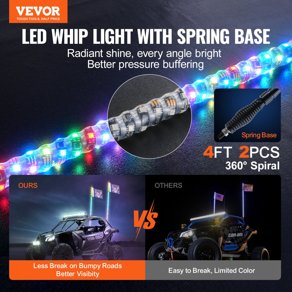 VEVOR 2 PCS 4 FT Whip Light with Spring Base, Led Whip Light with APP & Remote Control, Waterproof 360° Spiral RGB Chasing Lighted Whips with 2 Flags, for UTVs, ATVs, Motorcycles, RZR, Can-am, Go-kart