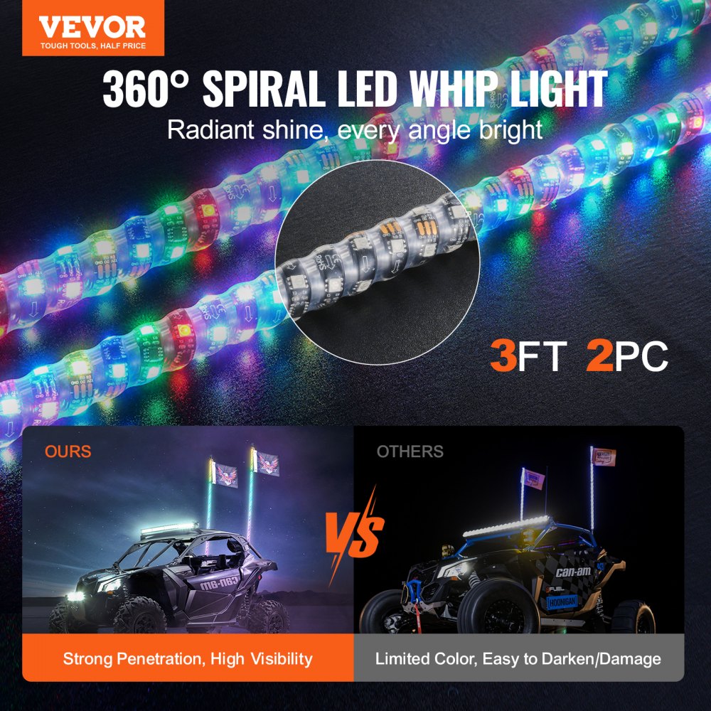 VEVOR 2 PCS 3 FT Whip Light, APP & RF Remote Control Led Whip Light, Waterproof 360° Spiral RGB Chasing Lighted Whips with 4 Flags, for UTVs, ATVs, Motorcycles, RZR, Can-am, Trucks, Off-road, Go-karts