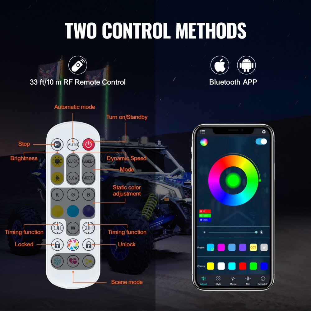 VEVOR 2 PCS 3 FT Whip Light, APP & RF Remote Control Led Whip Light, Waterproof 360° Spiral RGB Chasing Lighted Whips with 4 Flags, for UTVs, ATVs, Motorcycles, RZR, Can-am, Trucks, Off-road, Go-karts