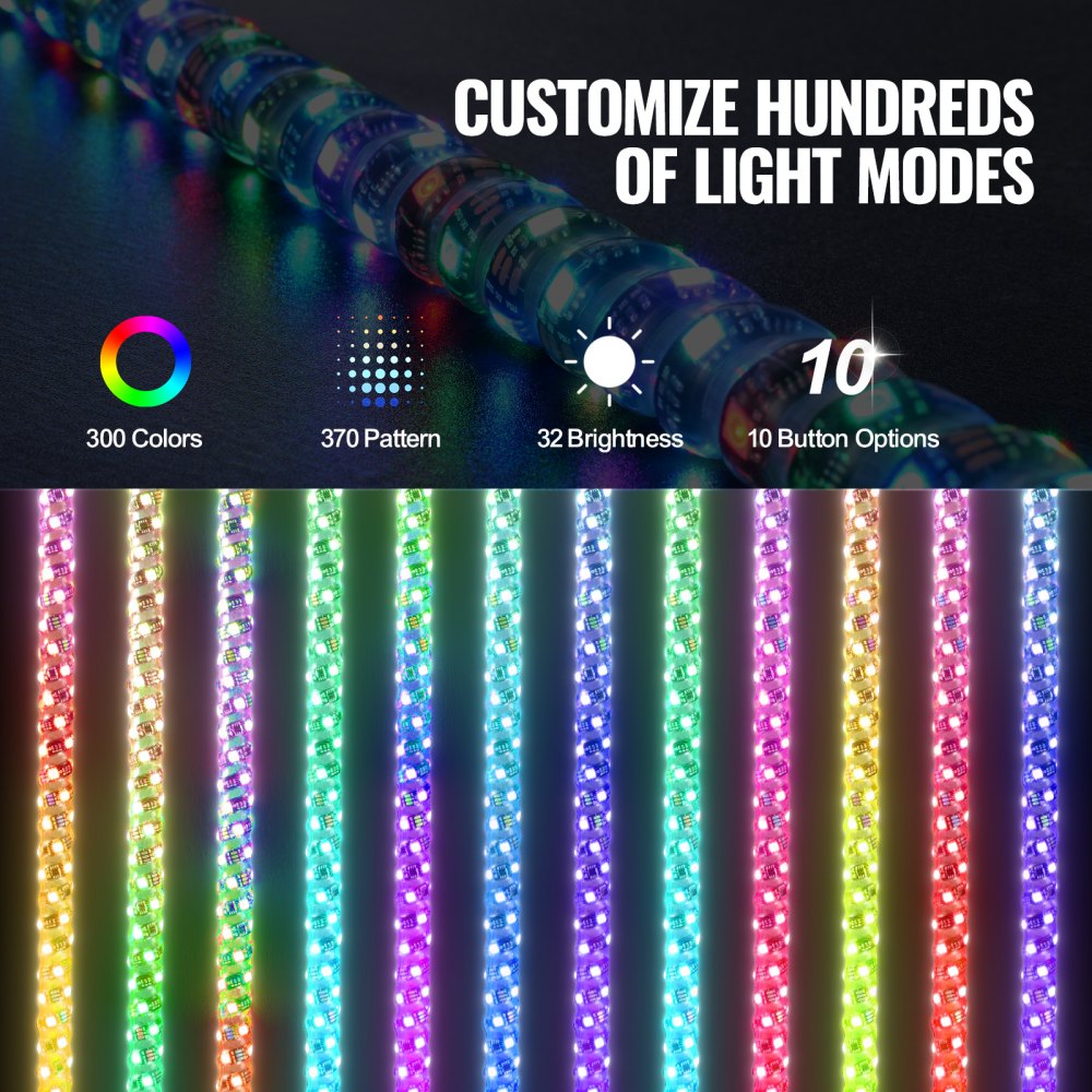 VEVOR 2 PCS 3 FT Whip Light, APP & RF Remote Control Led Whip Light, Waterproof 360° Spiral RGB Chasing Lighted Whips with 4 Flags, for UTVs, ATVs, Motorcycles, RZR, Can-am, Trucks, Off-road, Go-karts