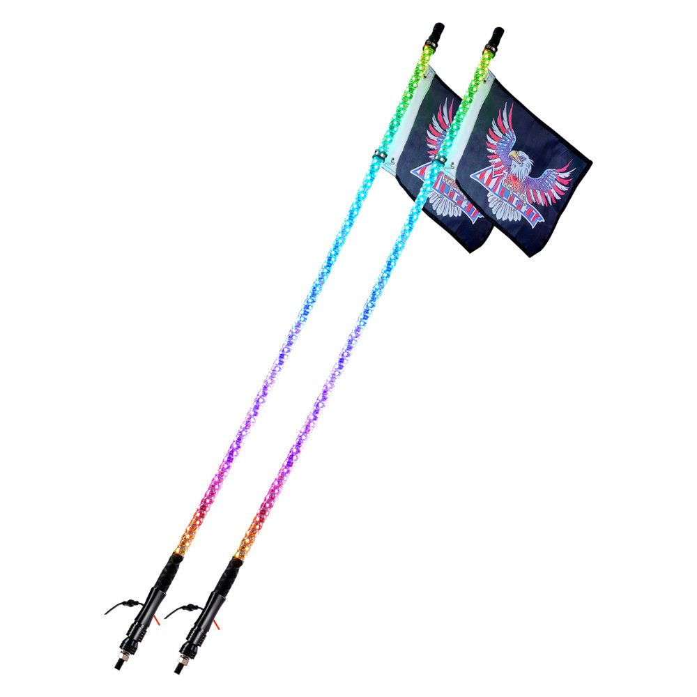 VEVOR 2 PCS 3 FT Whip Light, APP & RF Remote Control Led Whip Light, Waterproof 360° Spiral RGB Chasing Lighted Whips with 4 Flags, for UTVs, ATVs, Motorcycles, RZR, Can-am, Trucks, Off-road, Go-karts