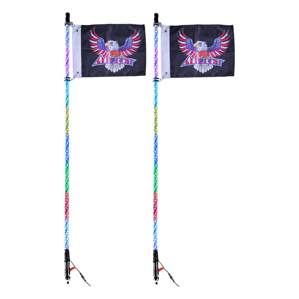 VEVOR 2 PCS 3 FT Whip Light, APP & RF Remote Control Led Whip Light, Waterproof 360° Spiral RGB Chasing Lighted Whips with 4 Flags, for UTVs, ATVs, Motorcycles, RZR, Can-am, Trucks, Off-road, Go-karts