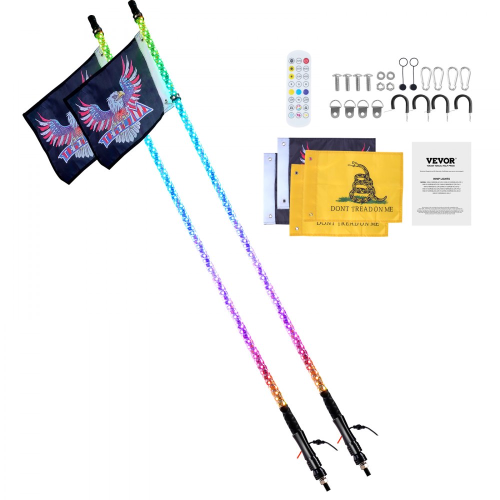 VEVOR 2 PCS 3 FT Whip Light, APP & RF Remote Control Led Whip Light, Waterproof 360° Spiral RGB Chasing Lighted Whips with 4 Flags, for UTVs, ATVs, Motorcycles, RZR, Can-am, Trucks, Off-road, Go-karts