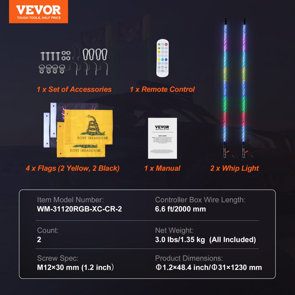 VEVOR 2 PCS 4 FT Whip Light, APP & RF Remote Control Led Whip Light, Waterproof 360° Spiral RGB Chasing Lighted Whips with 4 Flags, for UTVs, ATVs, Motorcycles, RZR, Can-am, Trucks, Off-road, Go-karts