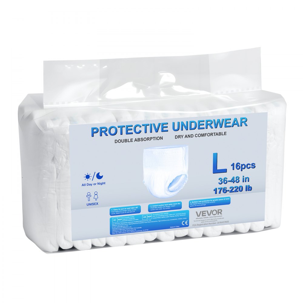 VEVOR Adult Incontinence Underwear, High Absorbent Protective Underwear for Men & Women, Disposable Adult Pull-ups Diaper with Leakproof Leg Cuff & Wetness Indicator - L Size, 64 Count (4 Packs of 16)