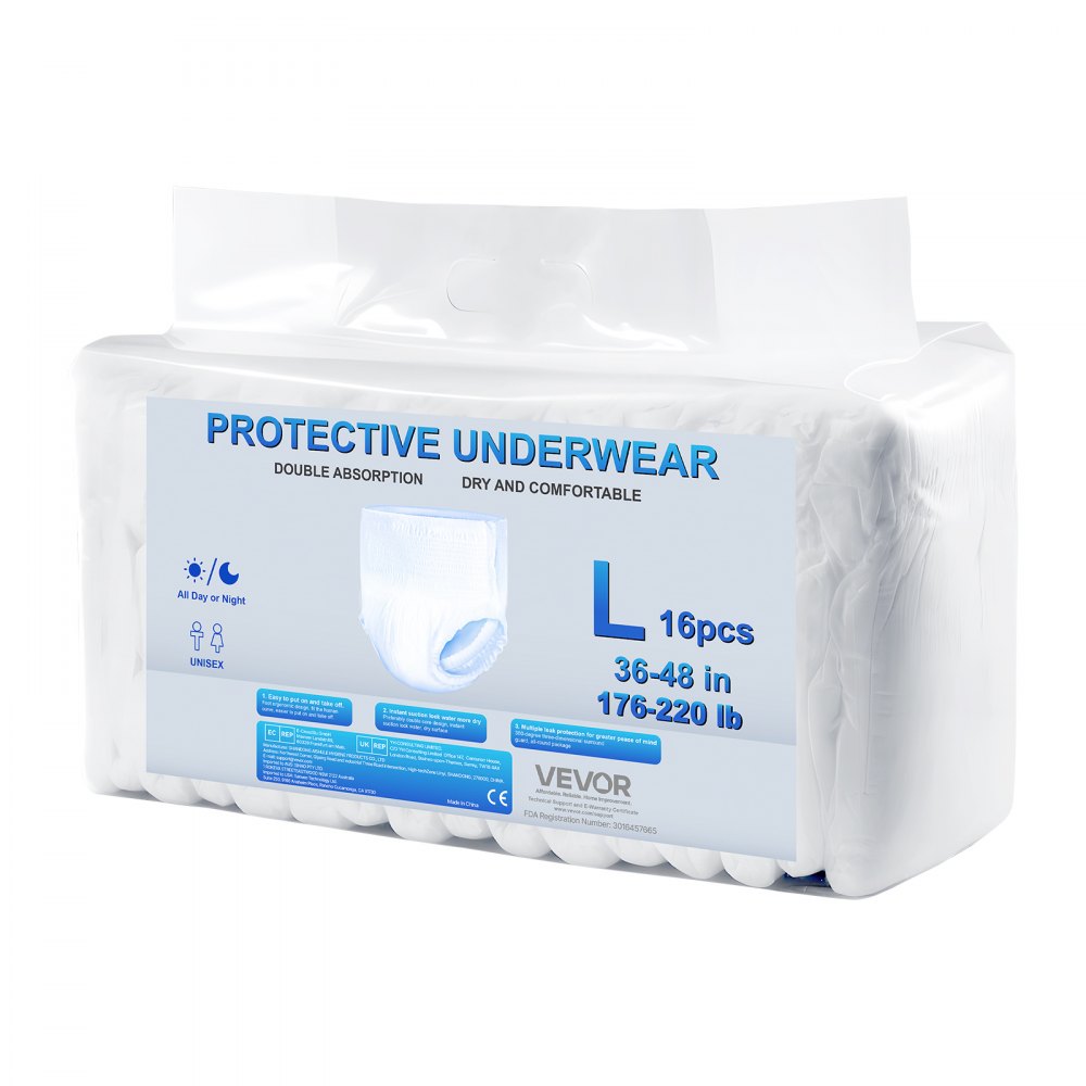 VEVOR Adult Incontinence Underwear, High Absorbent Protective Underwear for Men & Women, Disposable Adult Pull-ups Diaper with Leakproof Leg Cuff & Wetness Indicator - L Size, 64 Count (4 Packs of 16)