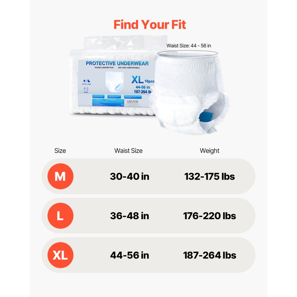 VEVOR Adult Incontinence Underwear, High Absorbent Protective Underwear for Men & Women, Disposable Adult Pull-ups Diaper with Leakproof Leg Cuff & Wetness Indicator - XL Size, 64 Count (4 Pack of 16)