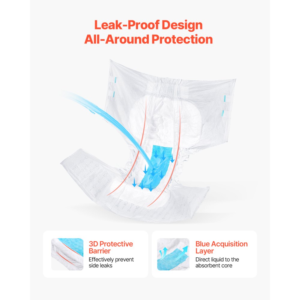 VEVOR Adult Briefs with Tabs, Super Absorbent Incontinence Briefs for Men and Women, Disposable Adult Diapers with Leakproof 3D Surround Guard & Wetness Indicator - L Size, 40 Count (4 Packs of 10)