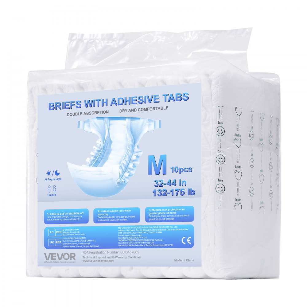 VEVOR Adult Briefs with Tabs, Super Absorbent Incontinence Briefs for Men and Women, Disposable Adult Diapers with Leakproof 3D Surround Guard & Wetness Indicator - M Size, 40 Count (4 Packs of 10)
