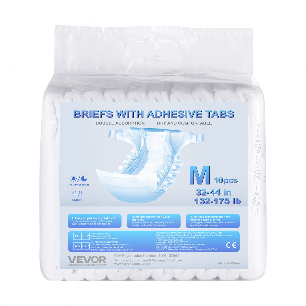 VEVOR Adult Briefs with Tabs, Super Absorbent Incontinence Briefs for Men and Women, Disposable Adult Diapers with Leakproof 3D Surround Guard & Wetness Indicator - M Size, 40 Count (4 Packs of 10)
