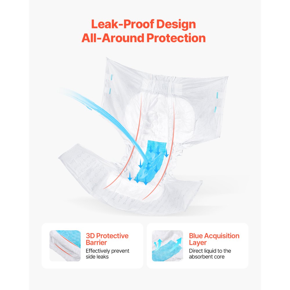 VEVOR Adult Briefs with Tabs, Super Absorbent Incontinence Briefs for Men and Women, Disposable Adult Diapers with Leakproof 3D Surround Guard & Wetness Indicator - XL Size, 40 Count (4 Packs of 10)