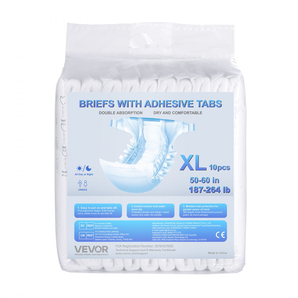 VEVOR Adult Briefs with Tabs, Super Absorbent Incontinence Briefs for Men and Women, Disposable Adult Diapers with Leakproof 3D Surround Guard & Wetness Indicator - XL Size, 40 Count (4 Packs of 10)