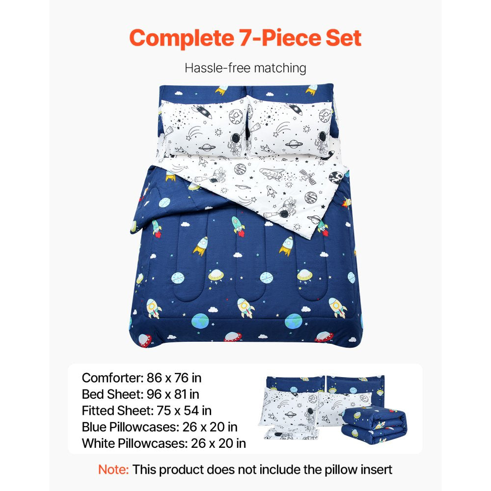 VEVOR Kids Comforter Set, 7 Pieces, Twin Bedding Sets with 1 Comforter, 1 Flat Sheet, 1 Fitted Sheet, 4 Pillowcases, Soft Microfiber & Space Printed, Bedding Comforter Sets for Boys Girls Teen