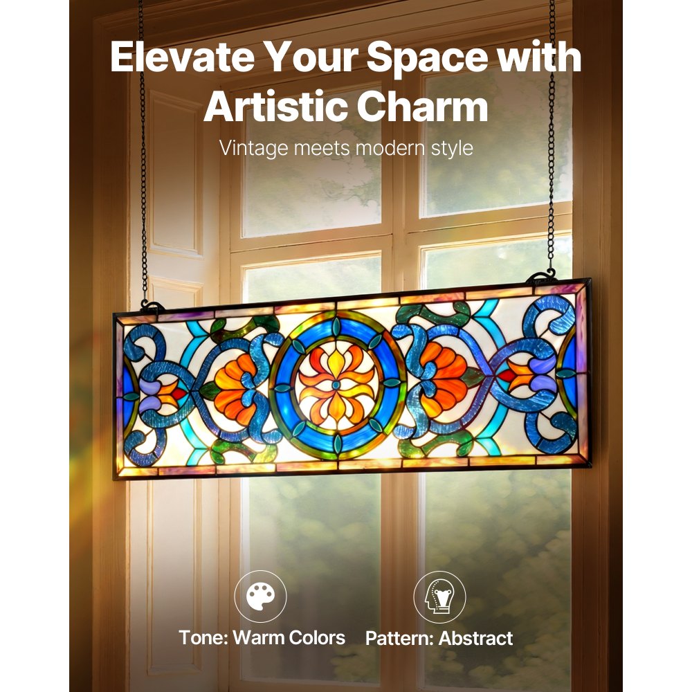 VEVOR Stained Glass Window Panel, 35.1" x 12.9" Tiffany Style Hanging Transom Window Panel with Chain, Large Horizontal Rectangle Stain Glass, Vintage Traditional Art Handcrafts for Kitchen Home Decor