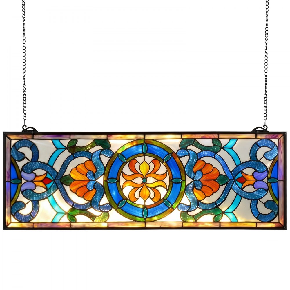 VEVOR Stained Glass Window Panel, 35.1" x 12.9" Tiffany Style Hanging Transom Window Panel with Chain, Large Horizontal Rectangle Stain Glass, Vintage Traditional Art Handcrafts for Kitchen Home Decor