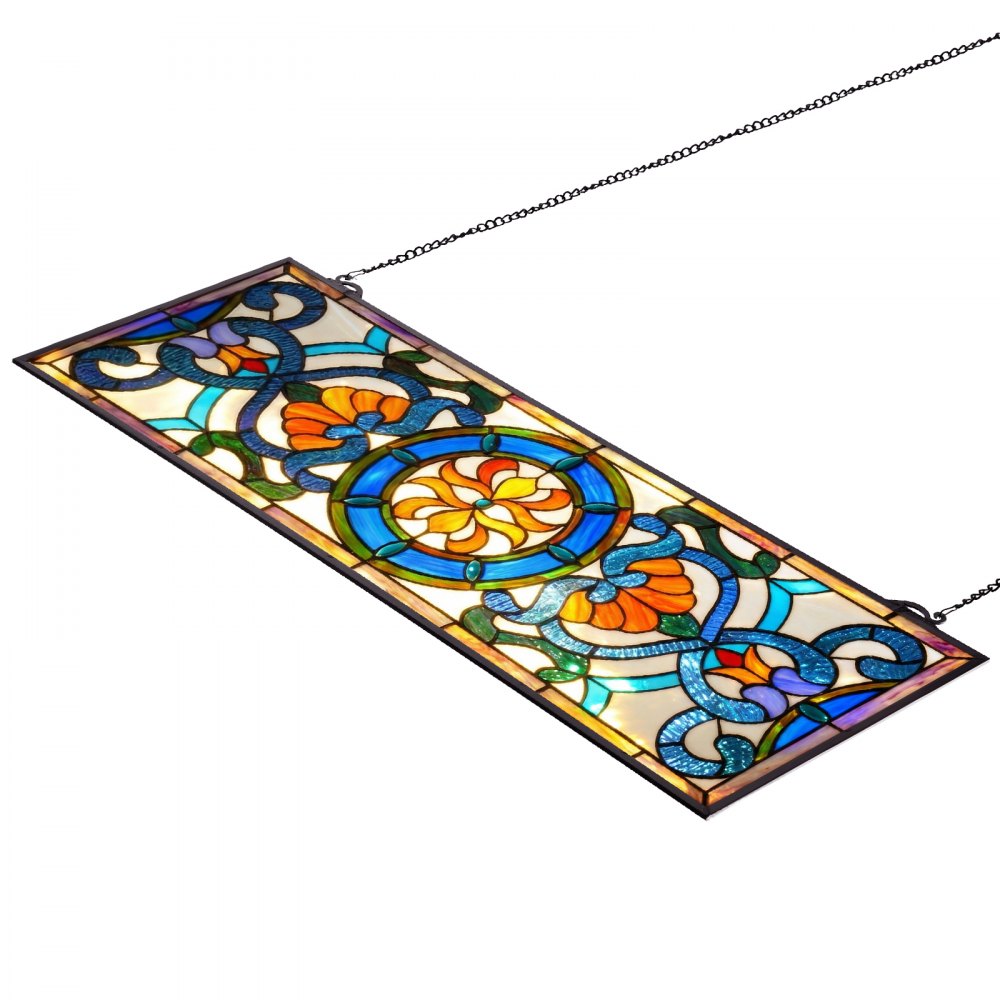 VEVOR Stained Glass Window Panel, 35.1" x 12.9" Tiffany Style Hanging Transom Window Panel with Chain, Large Horizontal Rectangle Stain Glass, Vintage Traditional Art Handcrafts for Kitchen Home Decor