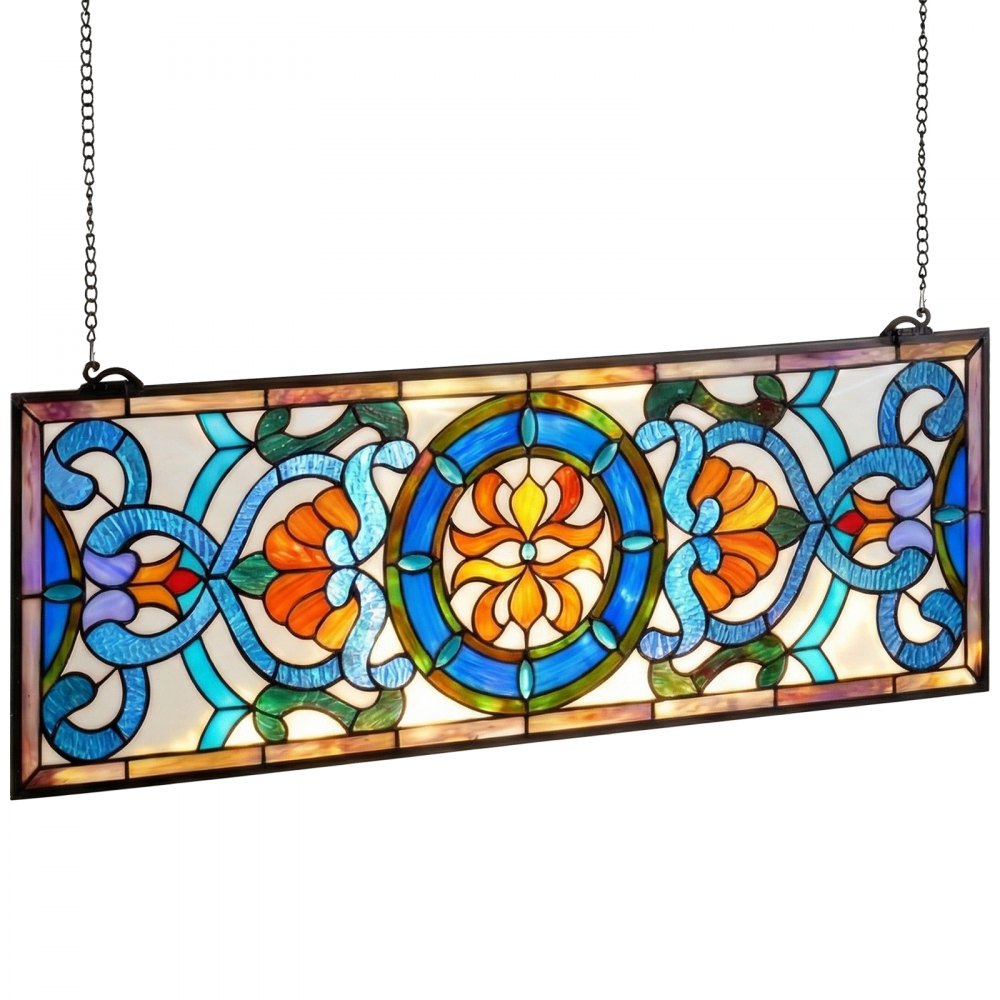 VEVOR Stained Glass Window Panel, 35.1" x 12.9" Tiffany Style Hanging Transom Window Panel with Chain, Large Horizontal Rectangle Stain Glass, Vintage Traditional Art Handcrafts for Kitchen Home Decor