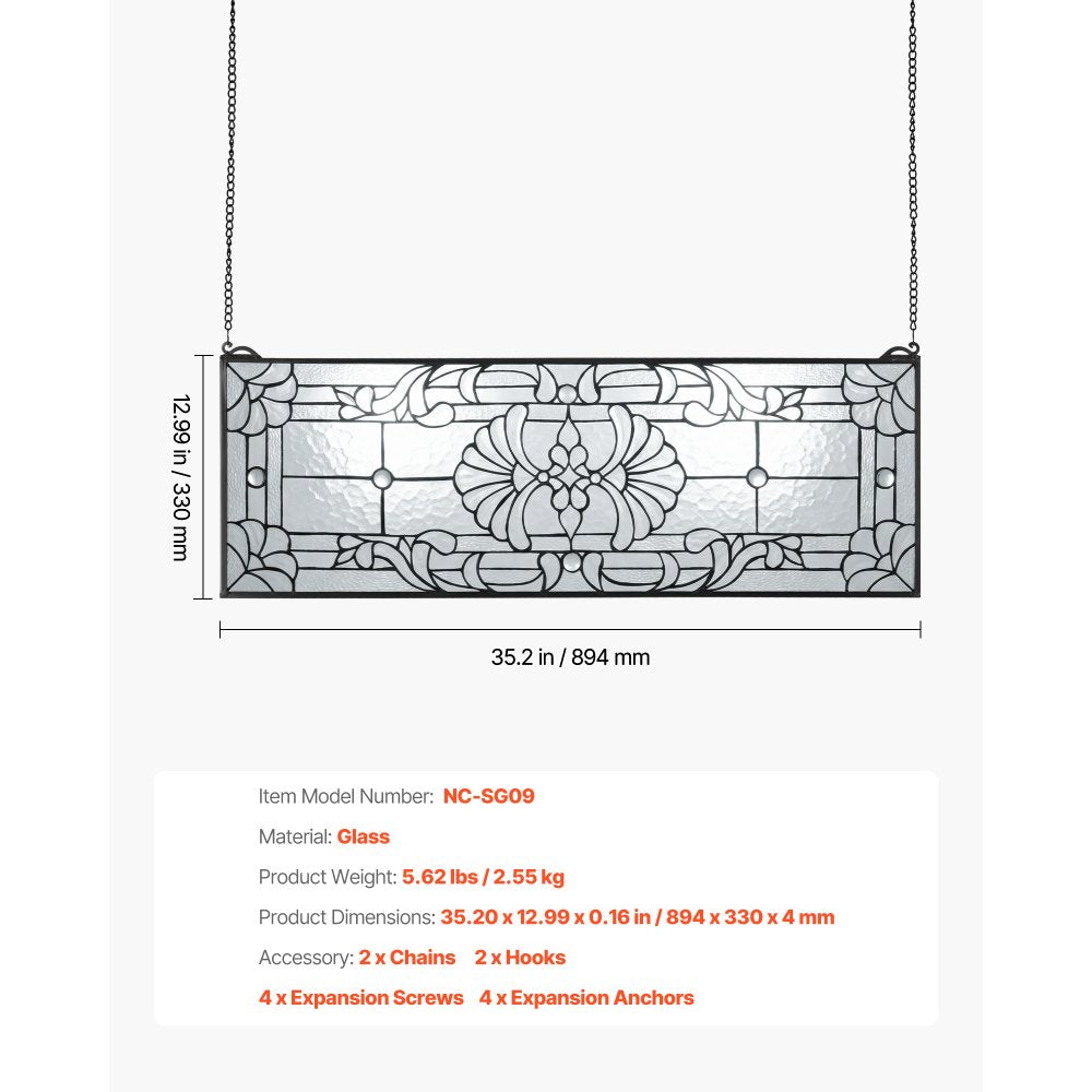 VEVOR Stained Glass Window Panel, 35.2" x 13" Tiffany Style Hanging Transom Window Panel with Chain, Large Horizontal Rectangle Stain Glass, Vintage Traditional Art Handcrafts for Kitchen Home Decor