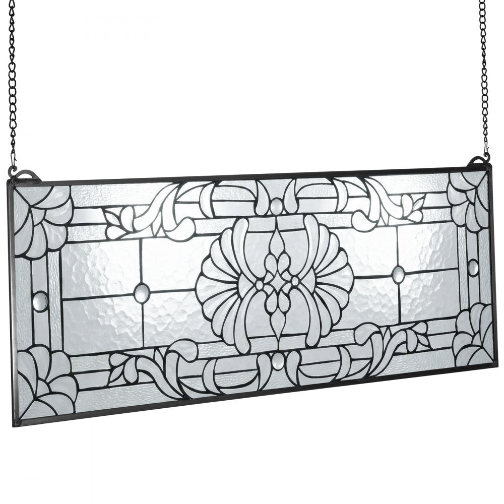 VEVOR Stained Glass Window Panel, 35.2" x 13" Tiffany Style Hanging Transom Window Panel with Chain, Large Horizontal Rectangle Stain Glass, Vintage Traditional Art Handcrafts for Kitchen Home Decor
