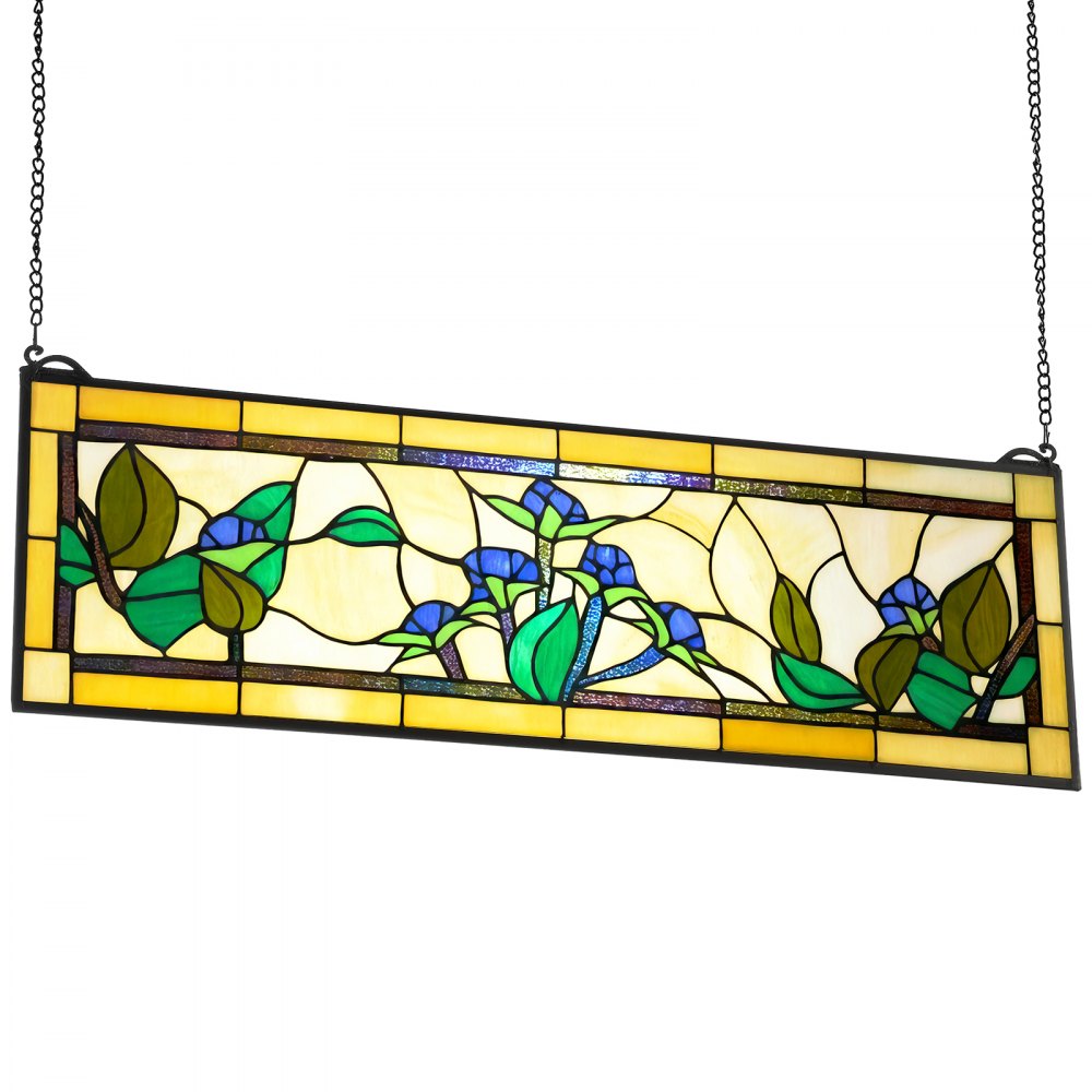 VEVOR Stained Glass Window Panel, 35.2" x 13.1" Tiffany Style Hanging Transom Window Panel with Chain, Large Horizontal Rectangle Stain Glass, Vintage Traditional Art Handcrafts for Kitchen Home Decor