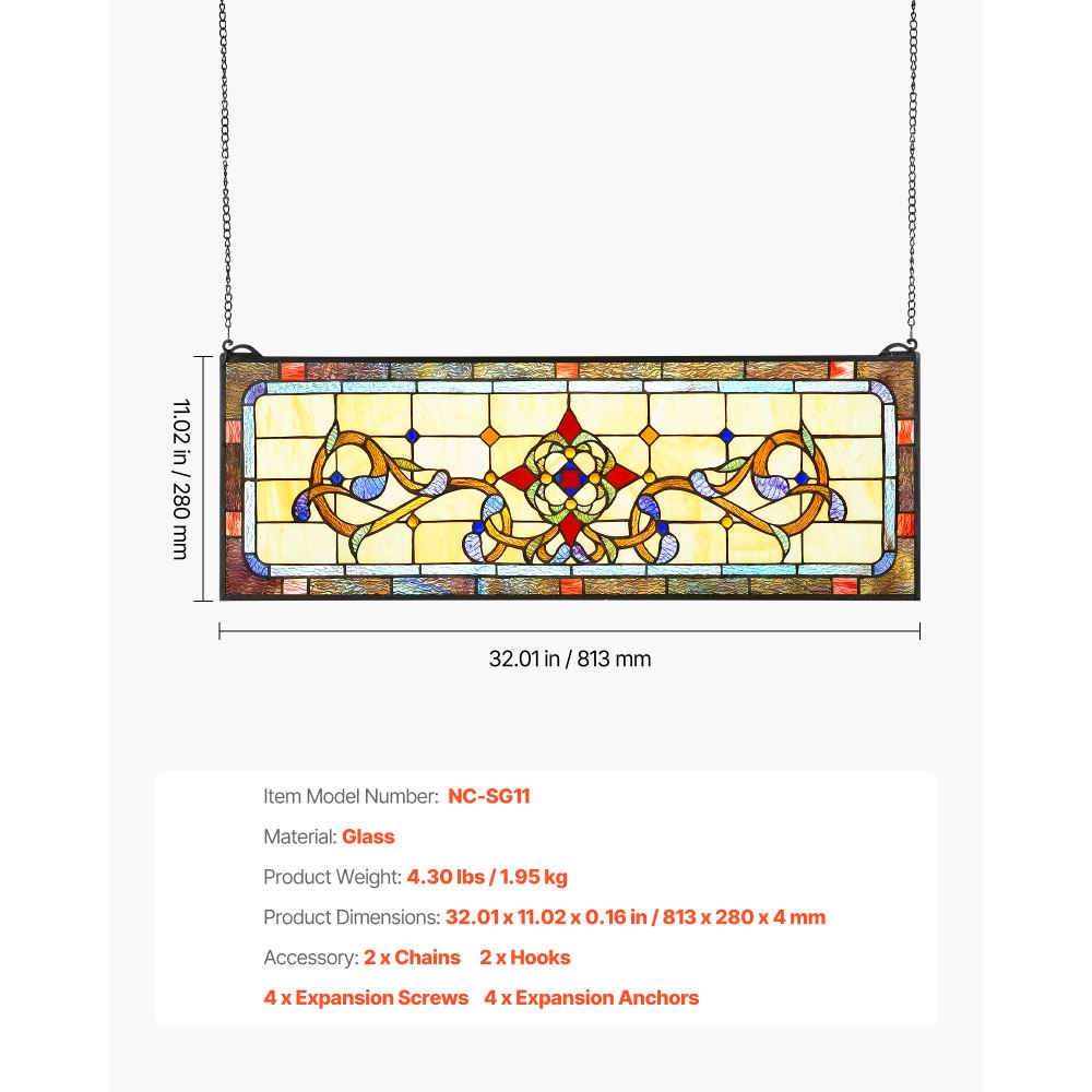 VEVOR Stained Glass Window Panel, 32" x 11" Tiffany Style Hanging Transom Window Panel with Chain, Large Horizontal Rectangle Stain Glass, Vintage Traditional Art Handcrafts for Kitchen Home Decor