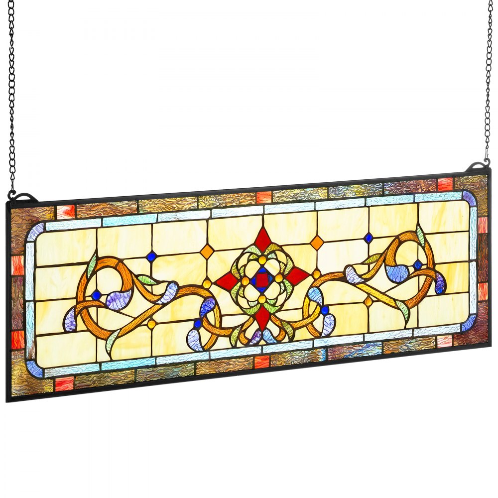 VEVOR Stained Glass Window Panel, 32" x 11" Tiffany Style Hanging Transom Window Panel with Chain, Large Horizontal Rectangle Stain Glass, Vintage Traditional Art Handcrafts for Kitchen Home Decor