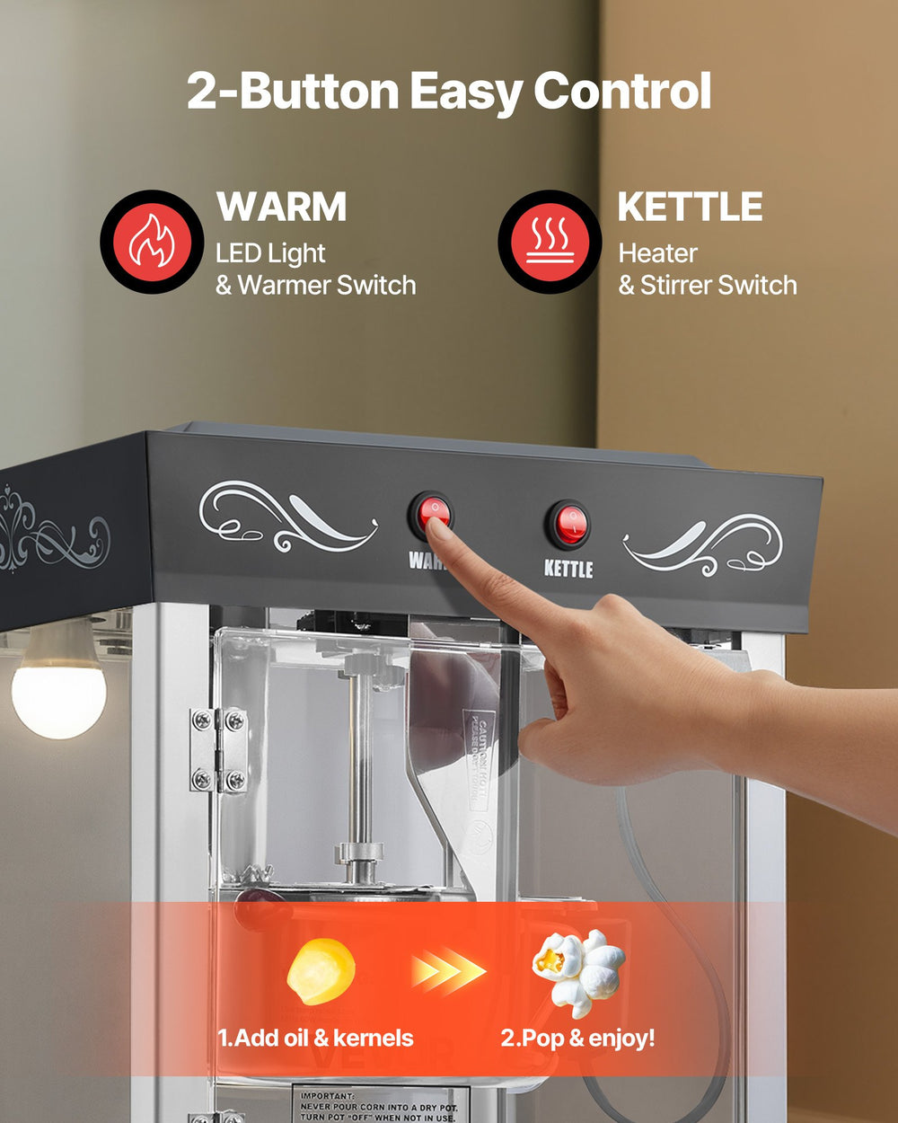 VEVOR Popcorn Machine with Cart, 8oz Stainless Steel Kettle, 800W Commercial Popcorn Maker, 48 Cups per Batch Theater Style Popper, with 2-Button Control Glass Wall PC Door 1 Scoop 3 Spoons, Black