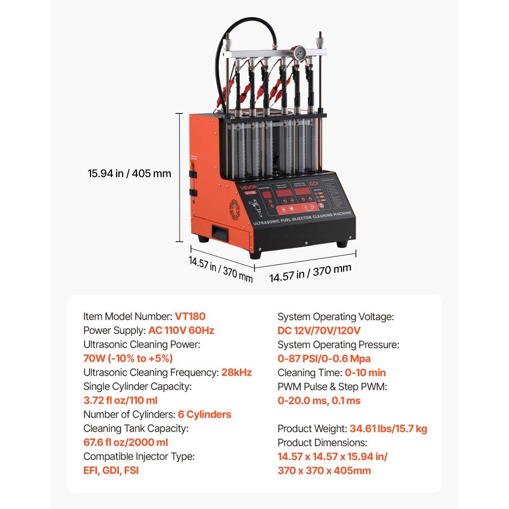 VEVOR Fuel Injector Cleaner Tester, 9 Test Modes, 6-Cylinder 28kHz Ultrasonic Cleaning Machine Adjustable 12V/70V/120V for EFI/FSI/GDI, Injector Cleaner Machine with Drain Valve for Car & Motorcycle