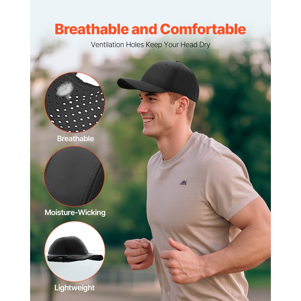VEVOR Baseball Cap, Plain Baseball Hat with Breathable Fabric, Adjustable Size, Lightweight Summer Thin Sports Caps Ideal for Running, Workouts, or Outdoor Activities, 1 Pc, Black