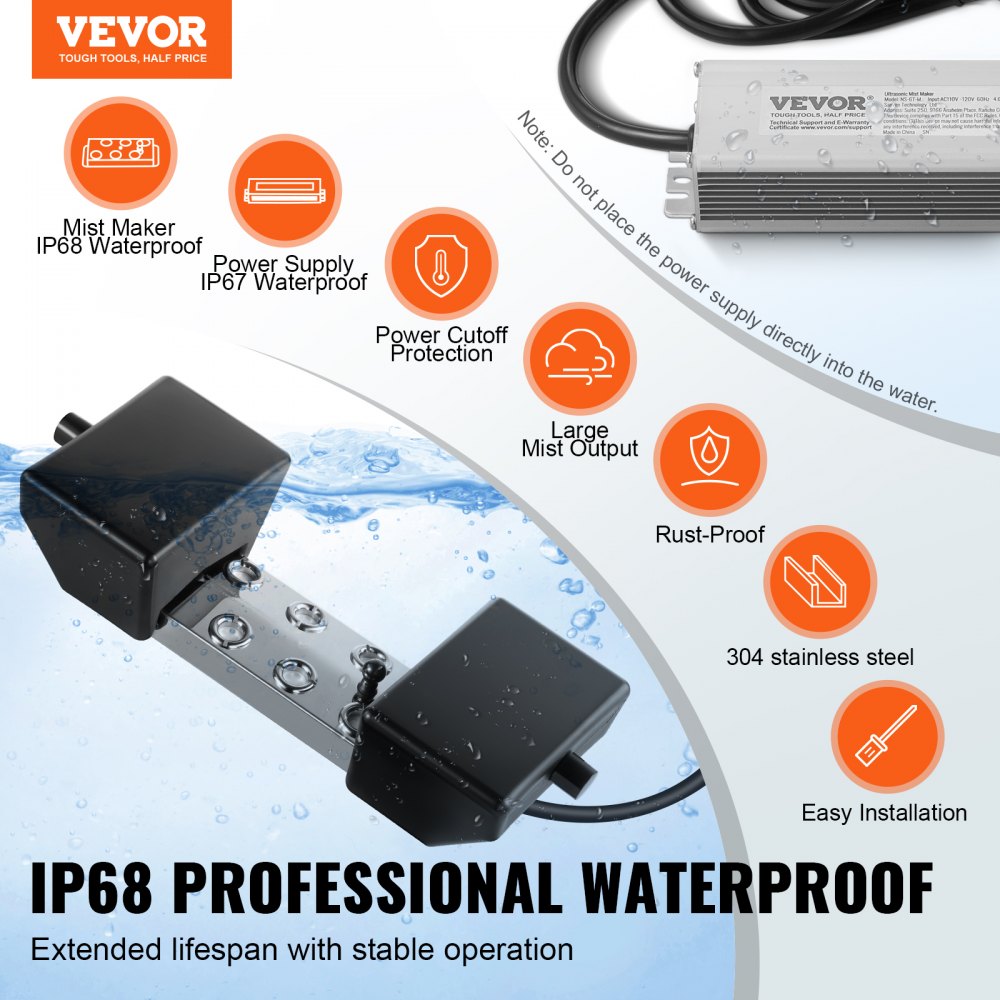 VEVOR Ultrasonic Mist Maker 6 Head, 4500mL/H Ultrasonic Fogger, Mist Maker with 165W IP67 Waterproof Power Supply, Buoy, Replacement Discs, for Pond, Garden, Rockery, Greenhouse, Halloween Decoration