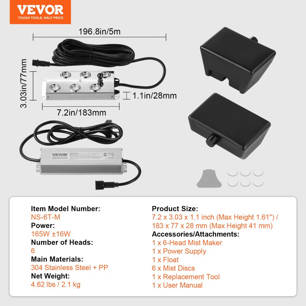 VEVOR Ultrasonic Mist Maker 6 Head, 4500mL/H Ultrasonic Fogger, Mist Maker with 165W IP67 Waterproof Power Supply, Buoy, Replacement Discs, for Pond, Garden, Rockery, Greenhouse, Halloween Decoration
