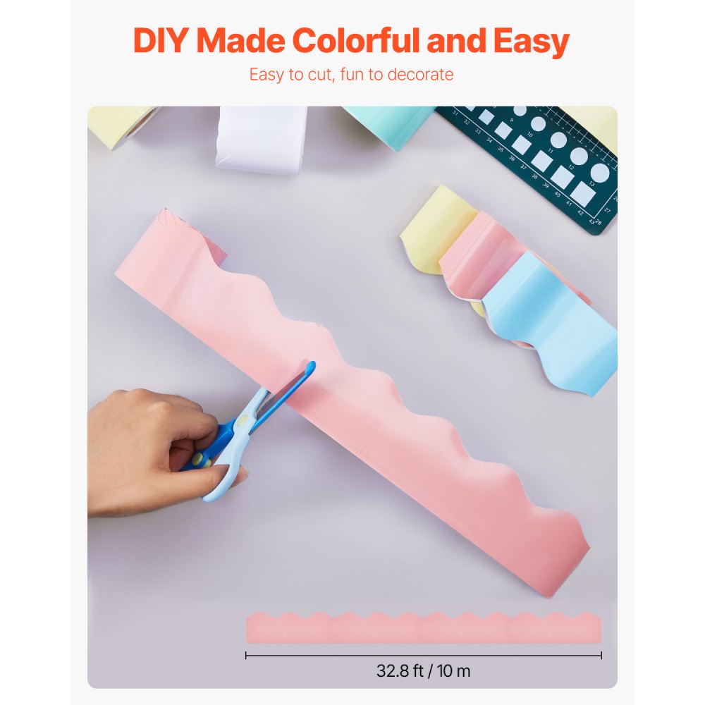 VEVOR Bulletin Board Borders, 6 Rolls 32.8 Feet Scalloped Bulletin Board Borders, Boho Rolled Border Trim with Wavy Line Design, Colorful Pastel Borders for School Classroom Party & Wall Decoration
