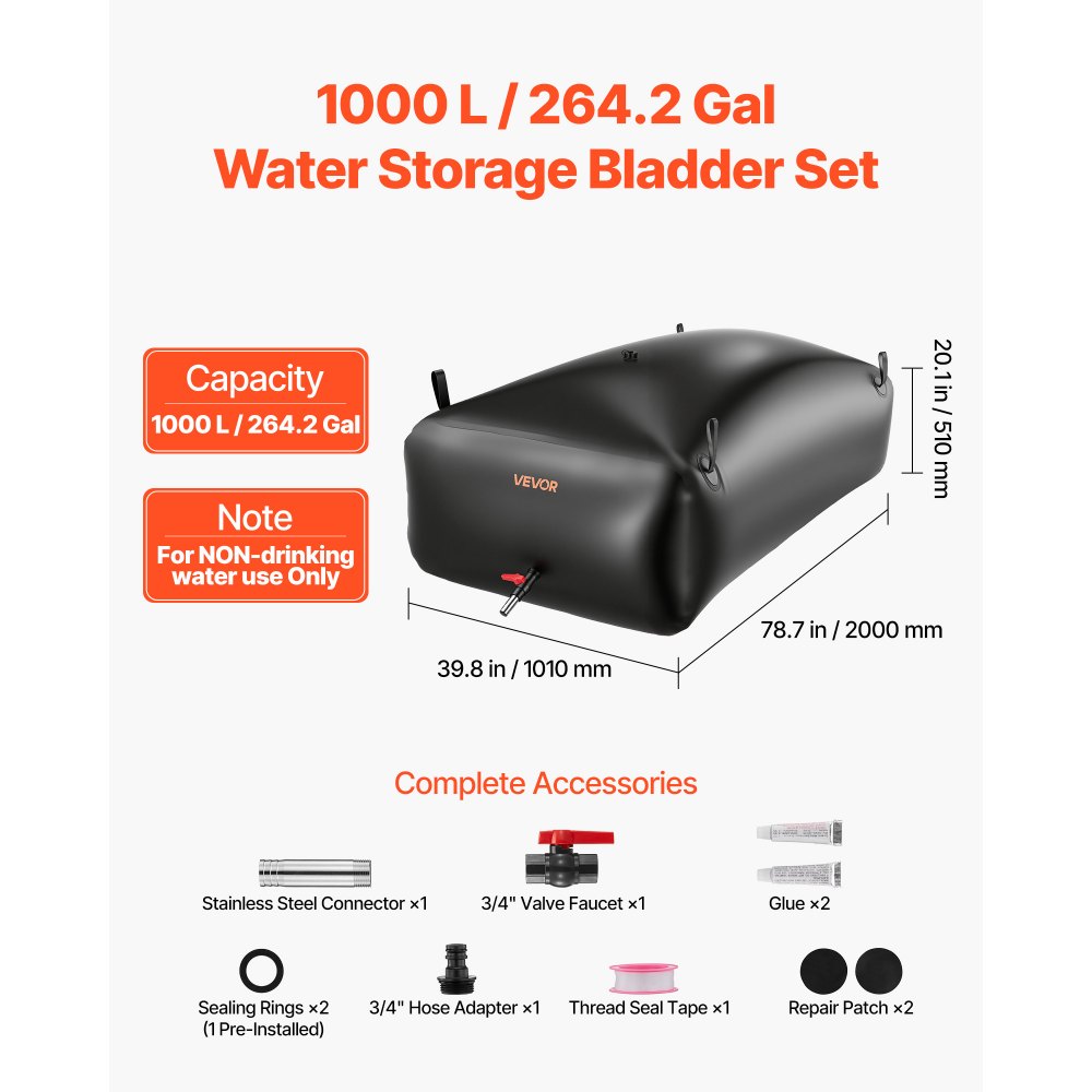 VEVOR Water Storage Bladder, 264.2 Gal Collapsible Water Storage Bag, Wear-Resistant 1000D PVC Soft Waters Bag, Leakproof Camping Tank Containers for Garden Irrigation RV Emergency Use, Black